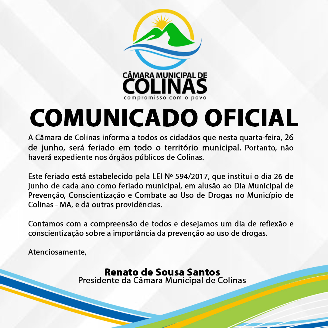 Câmara de Colinas Decreta Feriado Municipal em 26 de Junho